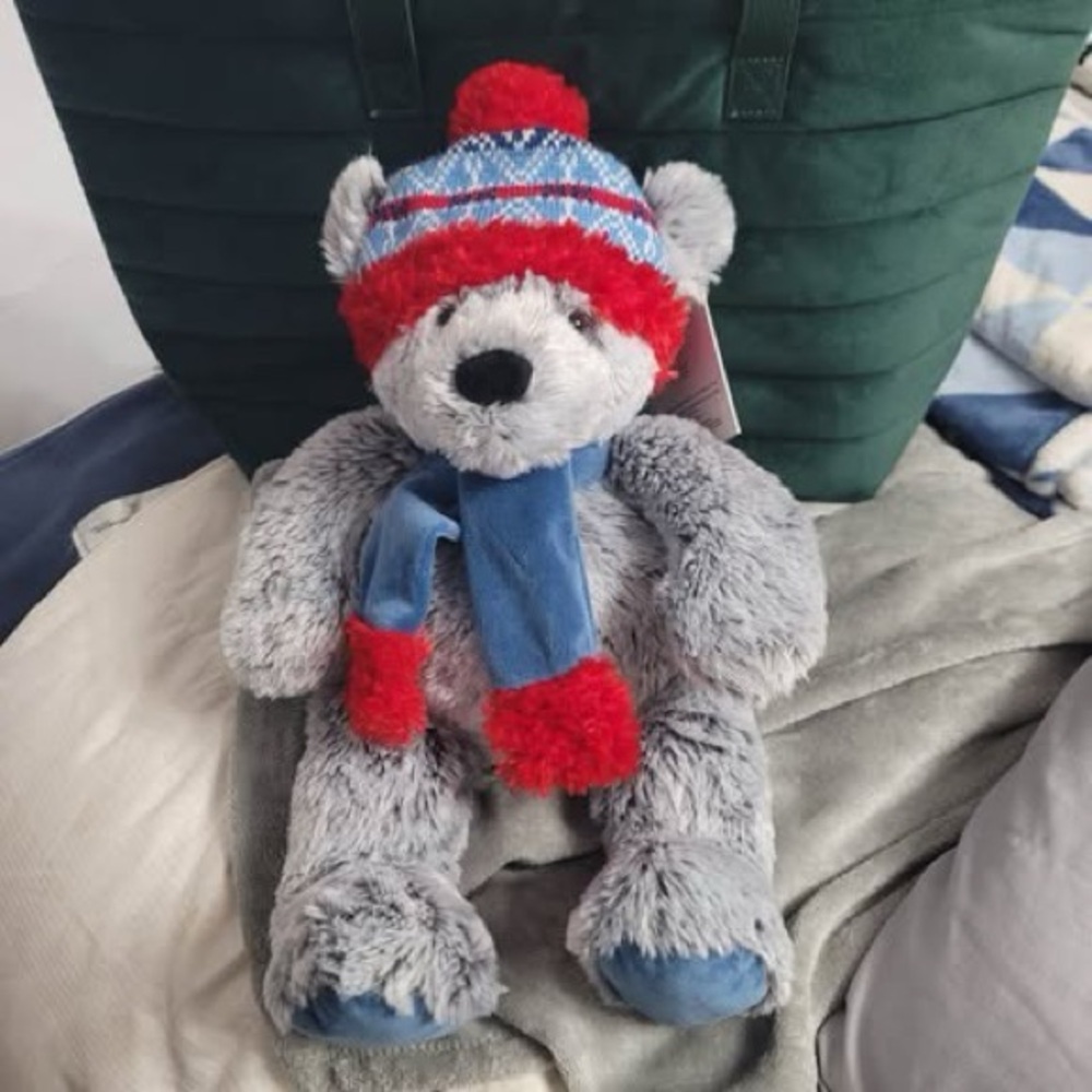 NWT, St Jude Gentle Treasures Christmas Bear Plush with Red Hat and Scarf.